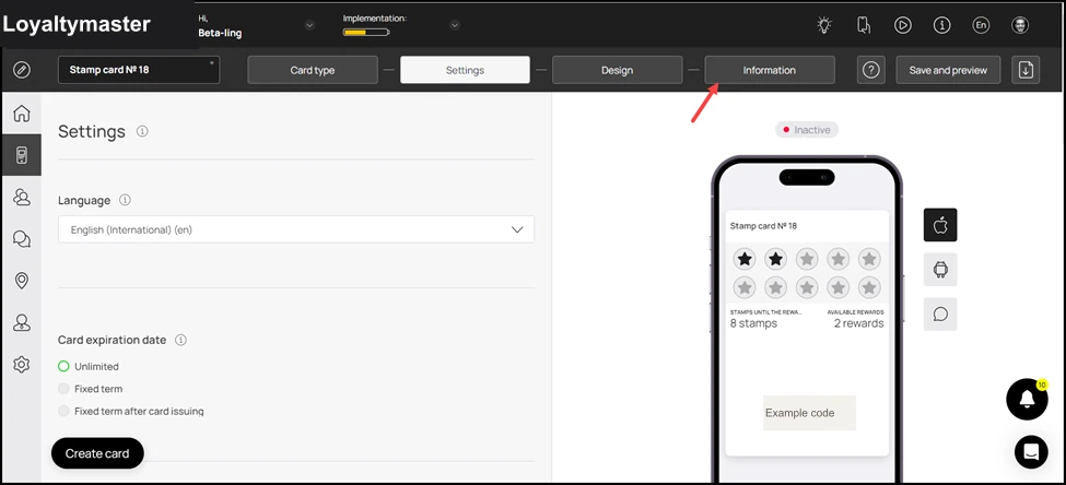 Referral program: This initiates the stamp card creation workflow. From the tabs listed atop the screen, select Information.