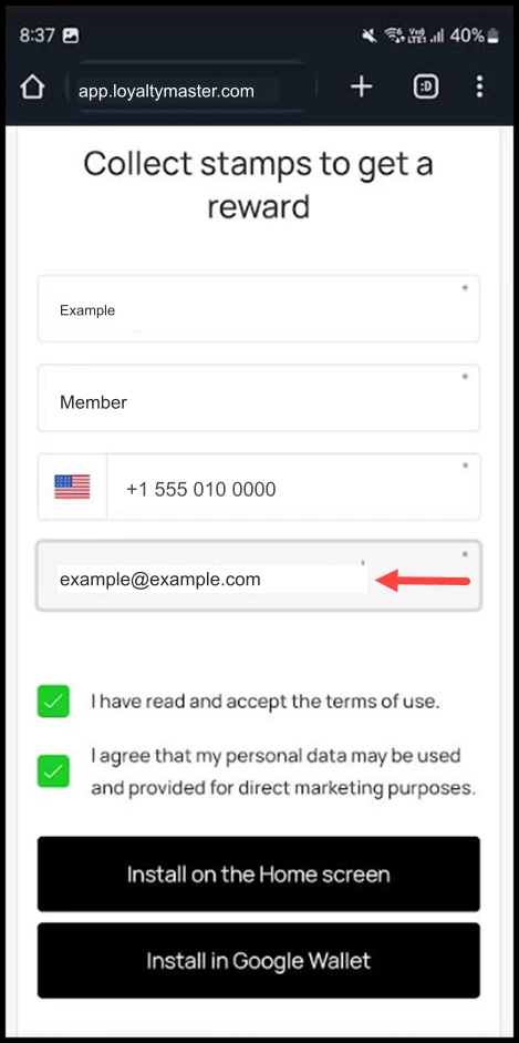 PWA Cards on Android: Use the Email field to record your email address.