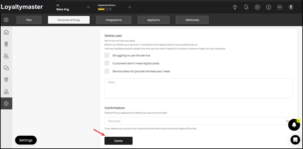Personal Settings: Once the password is entered, click the Delete button.