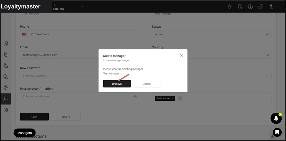 Add/ Edit/ Delete: This opens the Delete Manager popup for you to confirm the delete action. To confirm, click the Remove button.