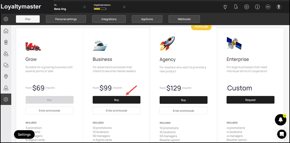 View Your Subscription Plan: Scrolling down further, you can see all the available subscription plans offered by Loyaltymaster. The Buy button for your current plan is greyed out. Each plan is displayed with 