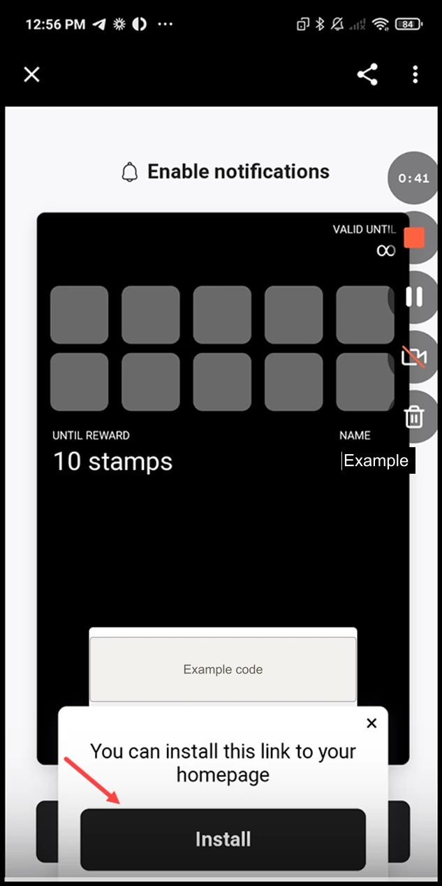 PWA Cards on Android: To install the link to your homepage, click the Install button.