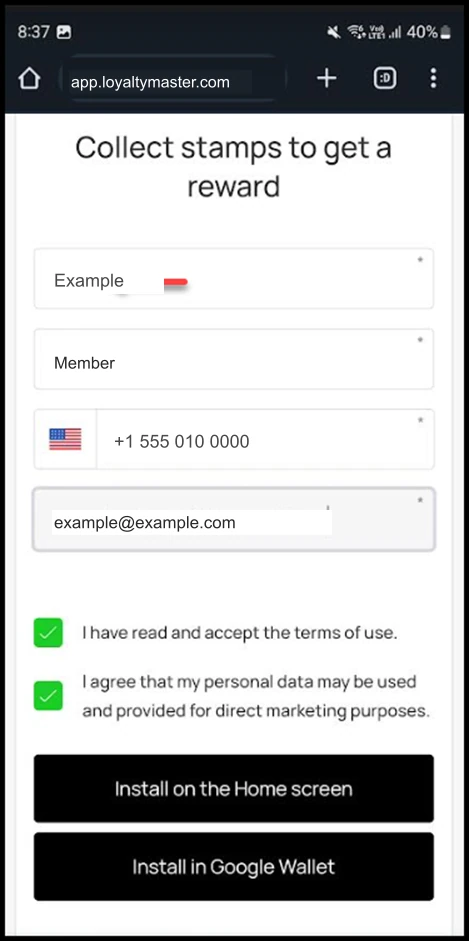Install a Loyalty Card on Android: Use the First Name field to record your first name.