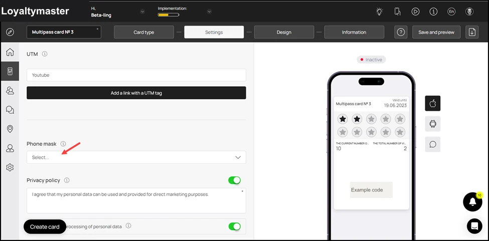 How to Create a Coupon Card: Moving forward, the Phone Mask dropdown lets you choose a region via which you want to mask the communication calls.
