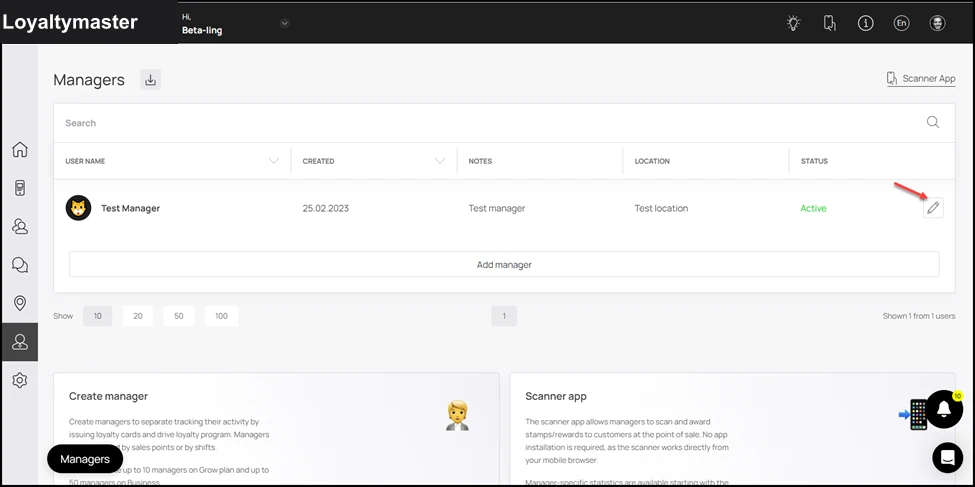 Add/ Edit/ Delete: Upon landing on the Managers grid, click the pencil icon located at the end of the row for the manager whose profile you want to edit.