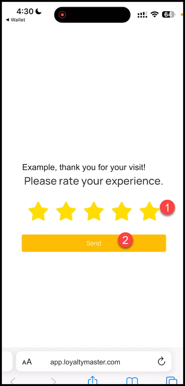 Feedback collection: This opens the feedback form from where you can tap the number of stars you want to rate the service as. Once rated, tap the Send button.