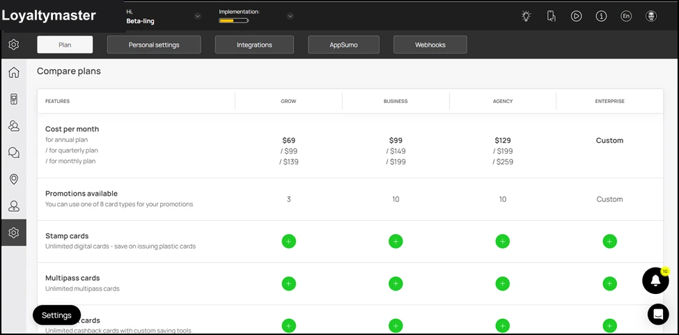 View Your Subscription Plan: Towards the end of the screen is the Compare Plans section. Here, all the available subscription plans are listed with the features each one includes. An available feature is repre