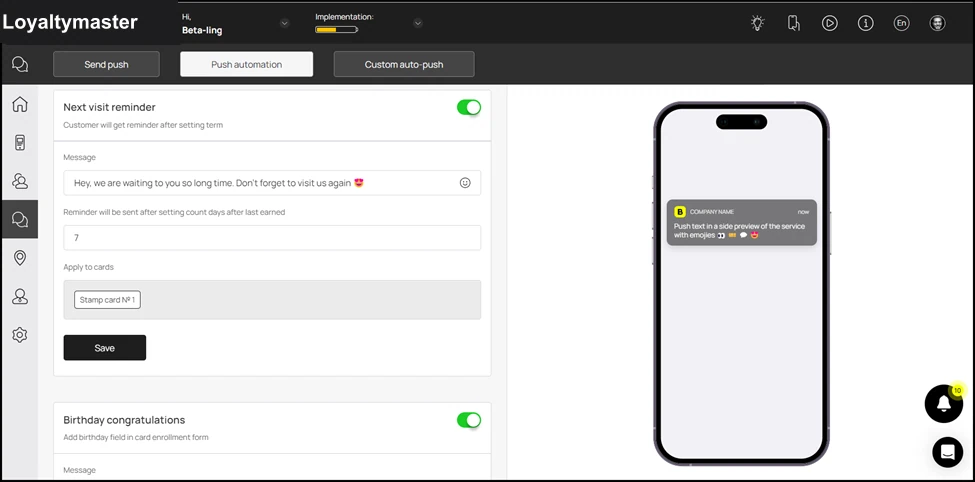 Push automation: The rest of the automations can be setup in a similar manner for Next Visit Reminder and Birthday Congratulations.