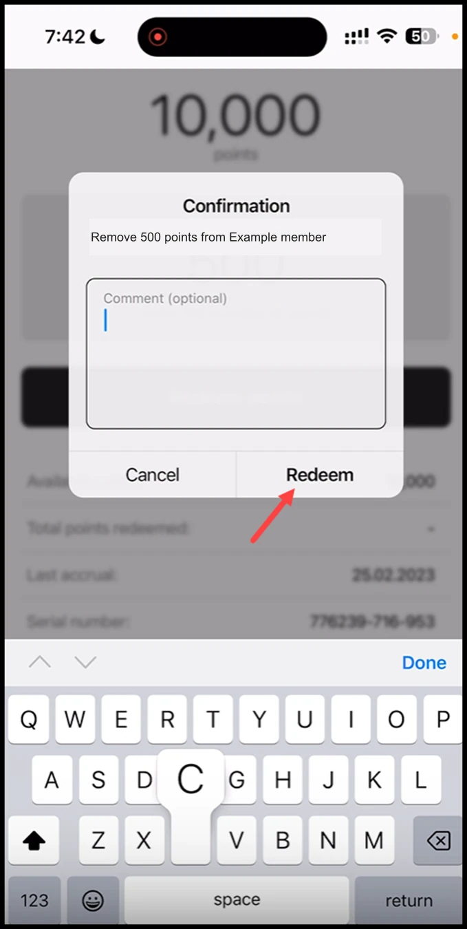 Scanner app - Certificate: This displays the Confirmation popup. To confirm, click the Redeem button.