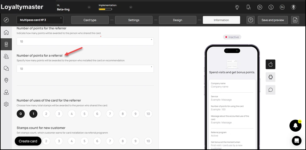 How to Create a Multipass Card: Similarly, choose the number of points a new customer earns upon registering via the referral program using the count icons under the Number of points for a referral field.