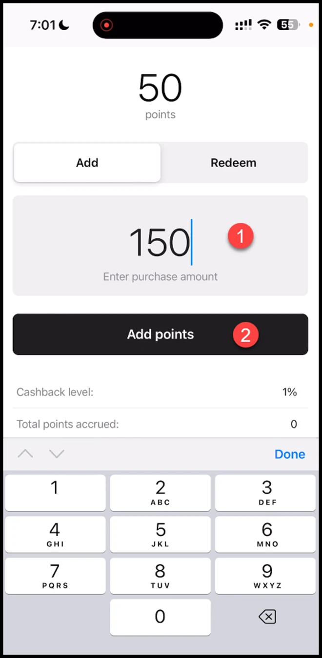 Scanner app - Cashback: Upon successful scan, the cashback card is displayed in the scanner app. Use the Enter Purchase Amount field to enter the points you want to add. Once added, click the Add Points b