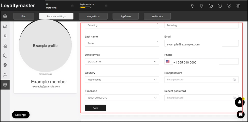 Personal Settings: Moving further, basic details of the profile are displayed in an editable view. You can edit the required information using the respective field. Once the changes are made, click t