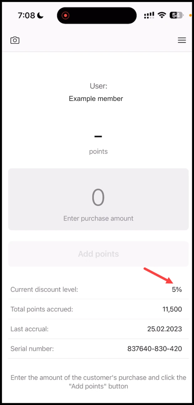 Scanner app - Discount: Once the added points reach the level defined for the tier, the Current Discount Level increases as well.