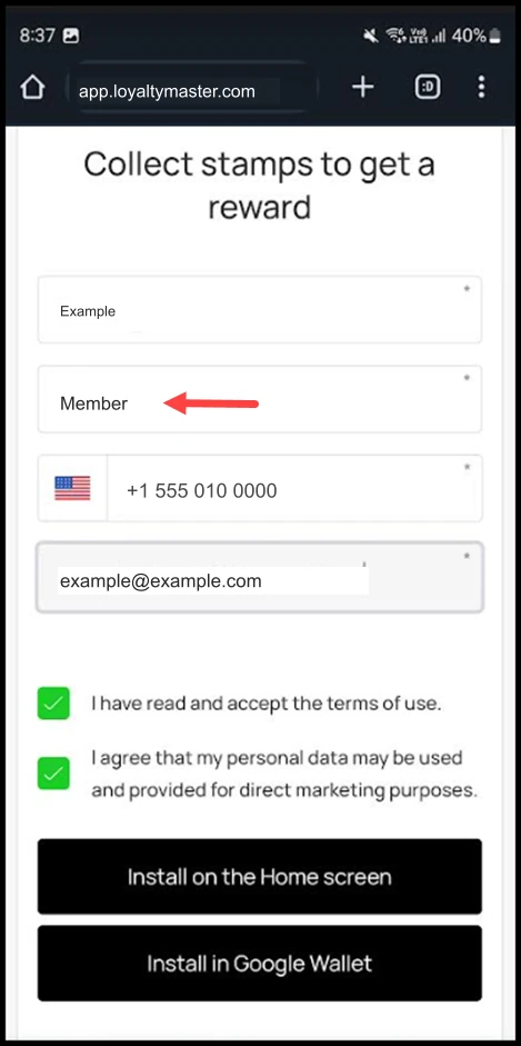 PWA Cards on Android: Similarly, enter your last name in the Last Name field.