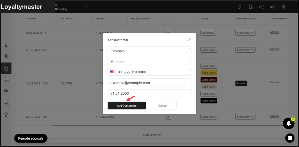 Customer Profile: Once the required details are recorded, click the button. This adds the customer profile and it is displayed in the customers grid.