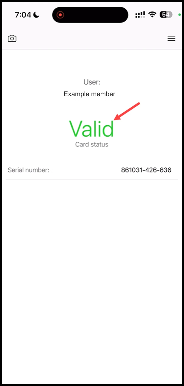 Scanner app - Membership: Upon a successful scan, the membership card is displayed in the scanner app with its current status.