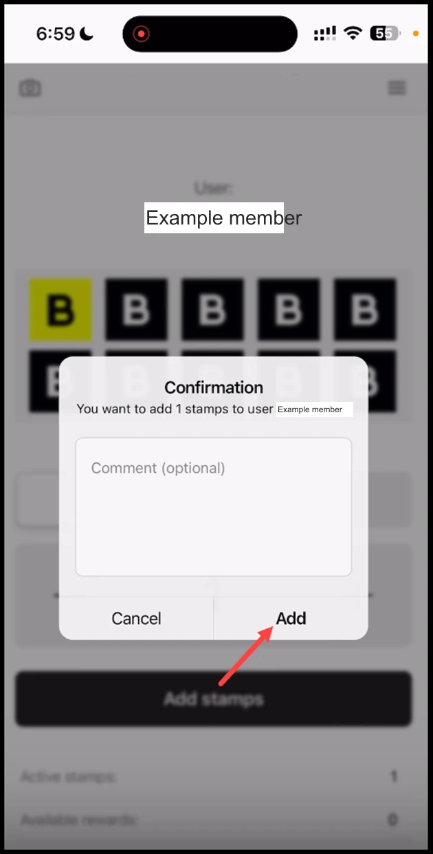 Scanner app - Stamp: This opens the Confirmation popup. To confirm stamp addition, click the Add button.