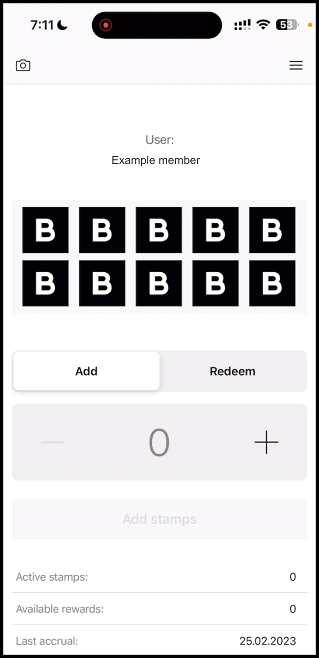 Scanner app -Coupon: This redeems the coupon and it the included stamps are displayed.