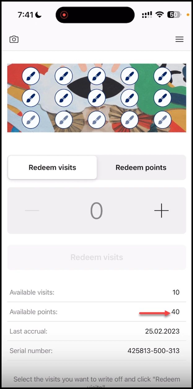 Scanner app - Multipass: Once the visits are redeemed and the card scanned again, the associated points are displayed in the Available points field.