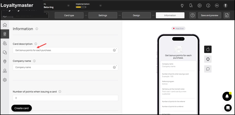 How to Create a Reward Card: Use the Card Description field to enter a short description of the card.