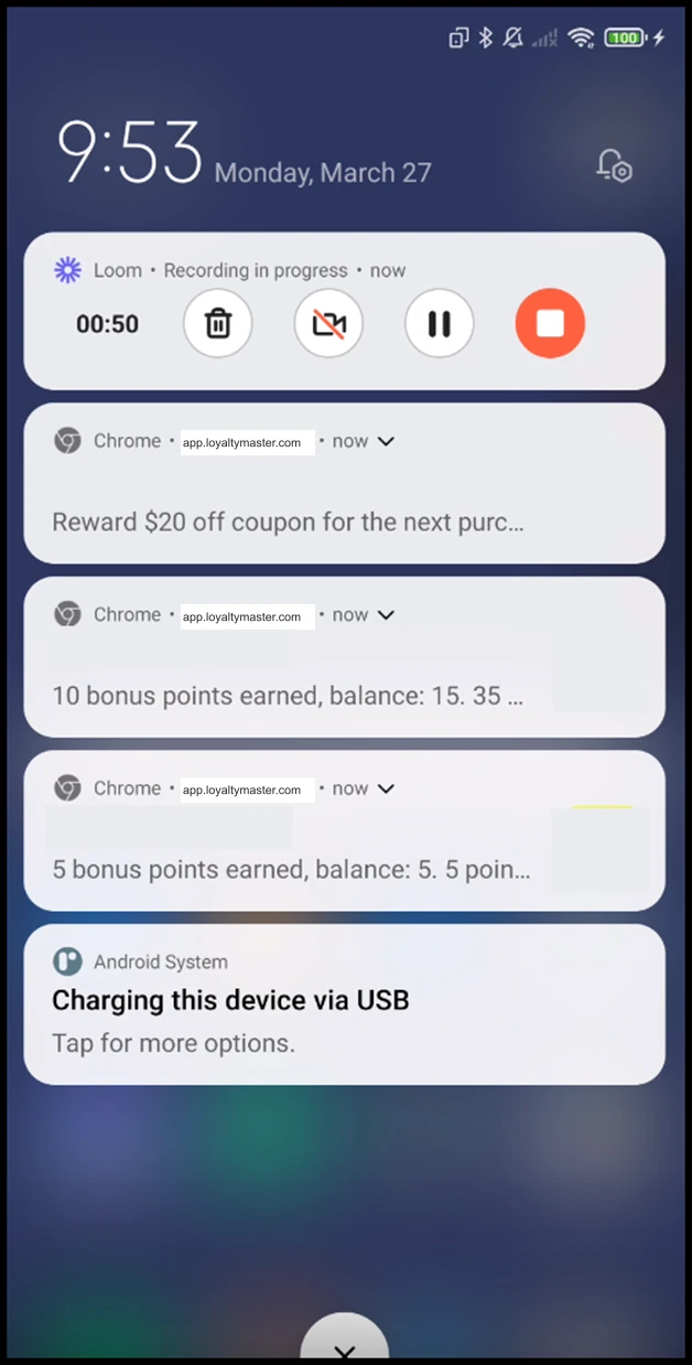 Push Notifications on Android: Once enabled, push notifications from Loyaltymaster are displayed on the Notifications panel of your Android device.