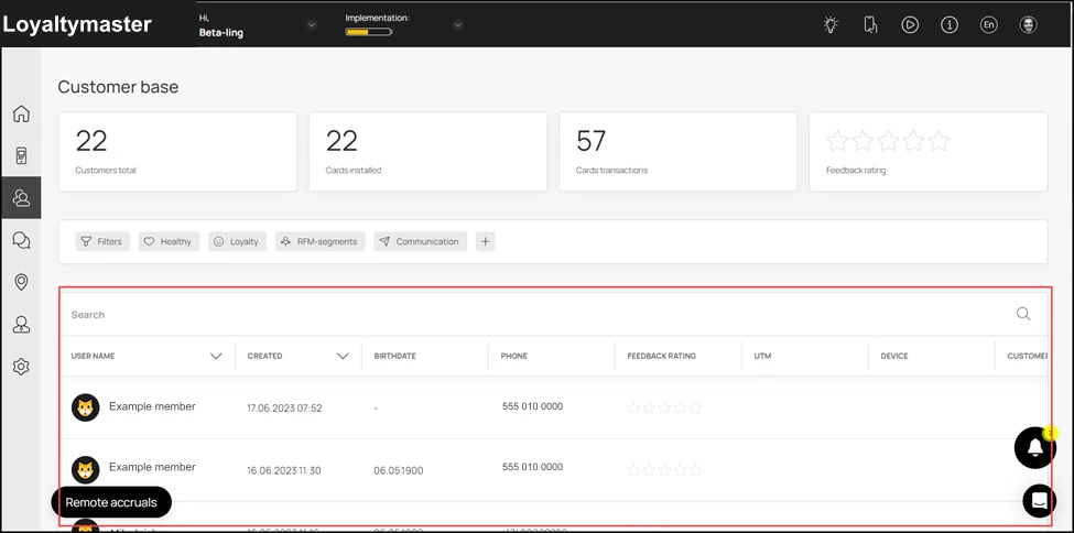Customer Profile: Next up is the customers grid. Here, information for each customer is tabulated via a number of columns that include User Name, Created, Birthdate, Phone, Feedback Rating, UTM, Dev