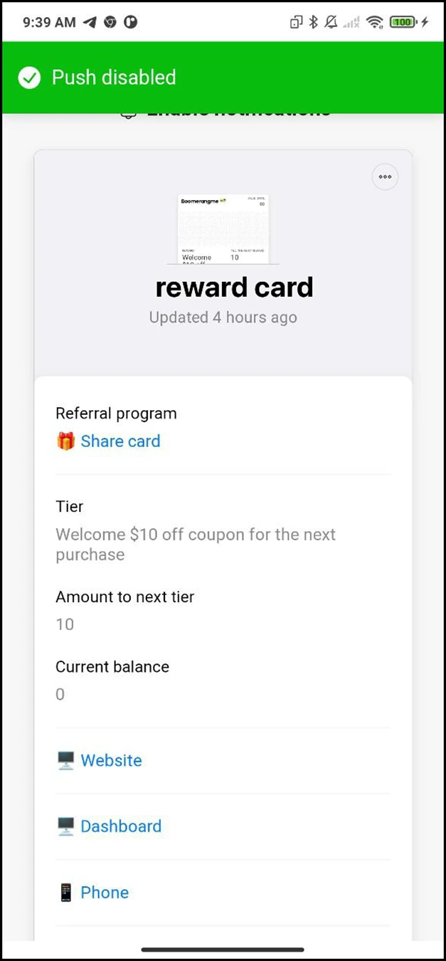 Why aren't my customers receiving push messages: Your customers disabled push notifications on Android devices (PWA cards)