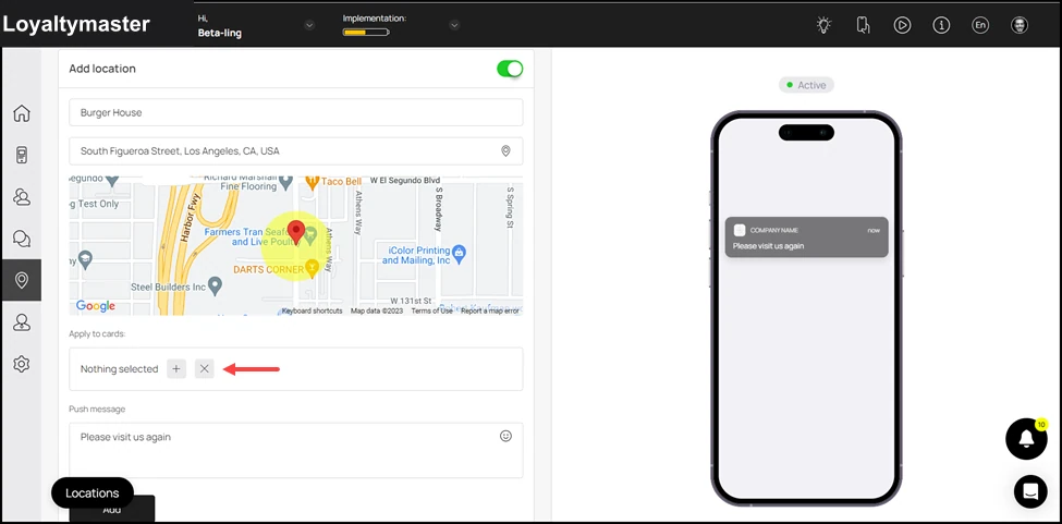 Geolocations: Select the card(s) to which you want to associate this location and geo-push message using the Apply to Cards field.