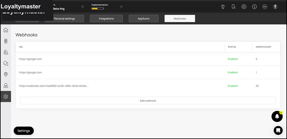 Webhooks: Here, all the existing Webhooks are tabulated via a number of columns that include URL, Status, and Event Count.
