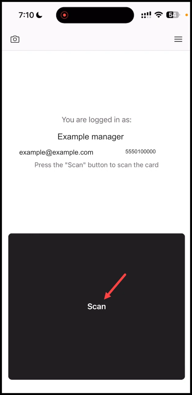 Scanner app - Stamp: Upon successful login, tap the Scan button.