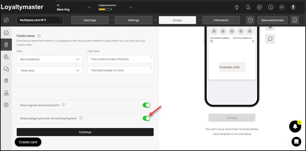How to Create a Coupon Card: Similarly, enable the Show background color on card issuing form toggle button in case you want the background color to appear on the card issuing form.