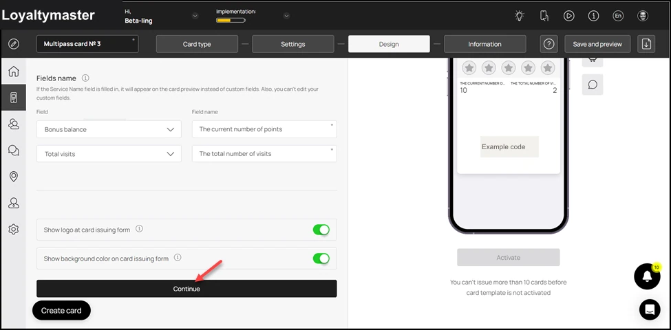 How to Create a Coupon Card: Once all the selections are made, click the Continue button. Resultantly, you land on the Information section.