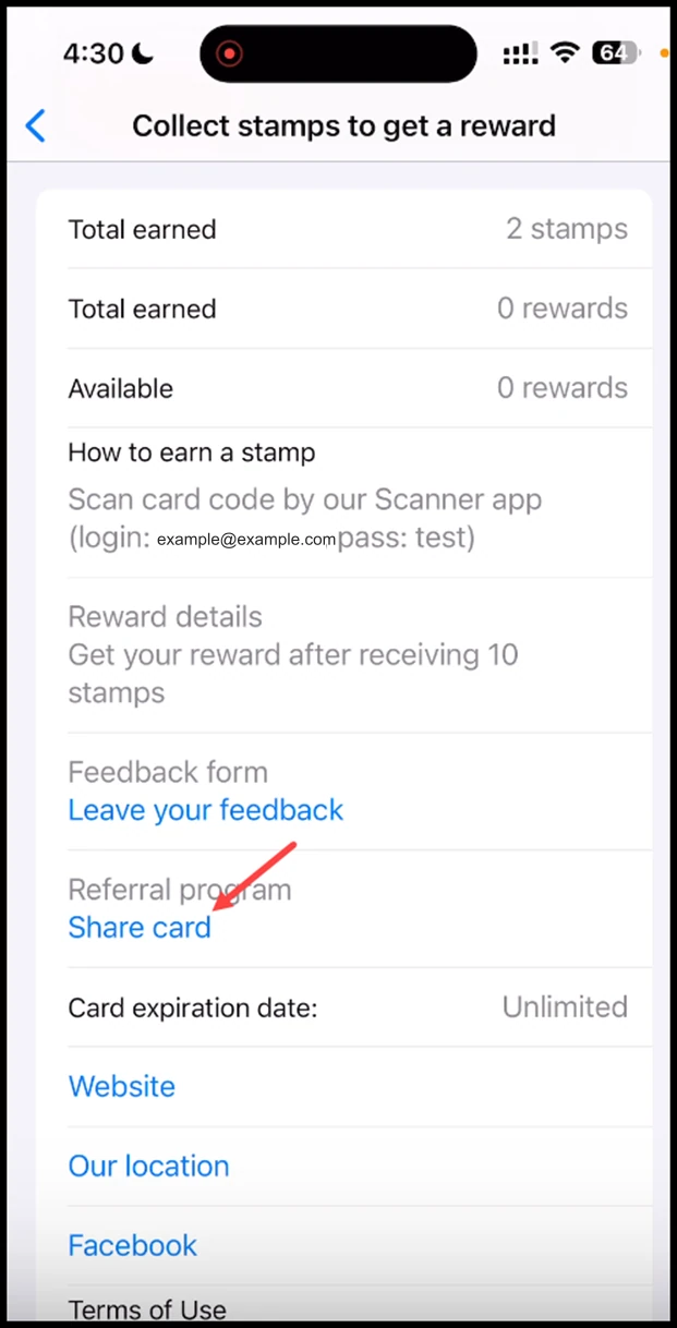 Referral program: Here, tap the Share card button.