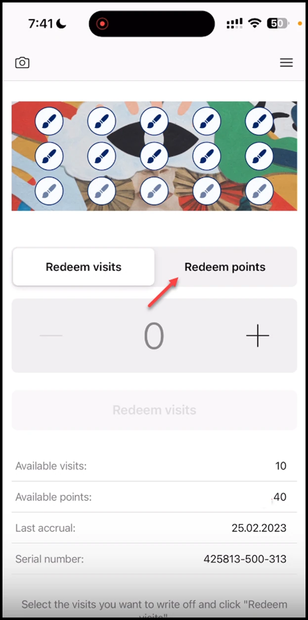 Scanner app - Multipass: To redeem the available points, click the Redeem Points tab.