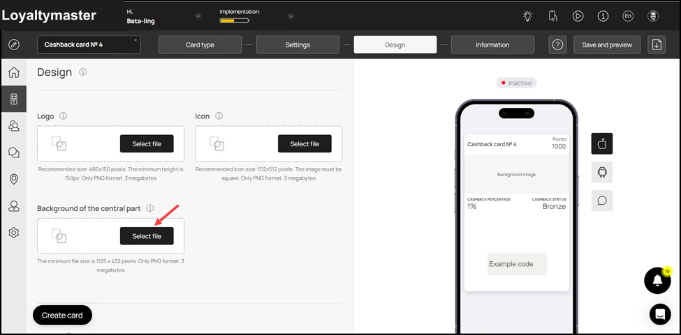 How to Create a Coupon Card: Choose an icon from your system storage for the center of the card by clicking the Select File button under the Background of the central part heading.