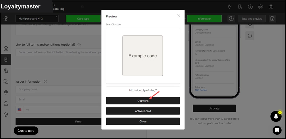 How to Create a Coupon Card: To copy the link of the car, click the Copy link button.