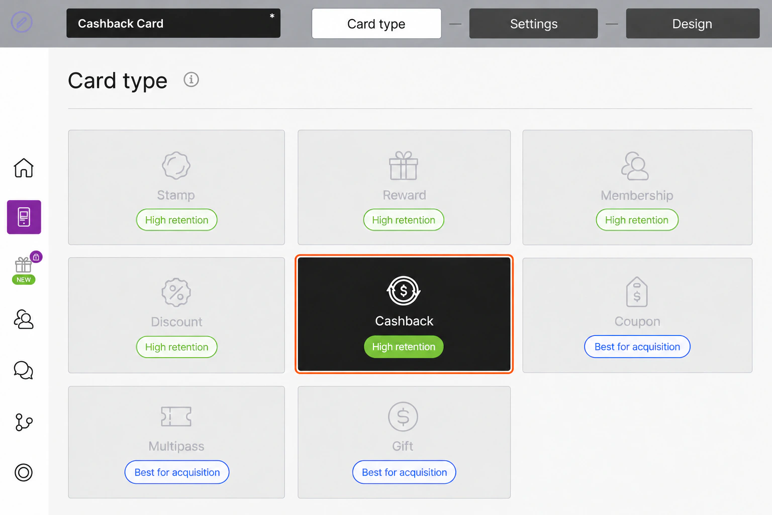 Card type page with Cashback selected and outlined in orange.