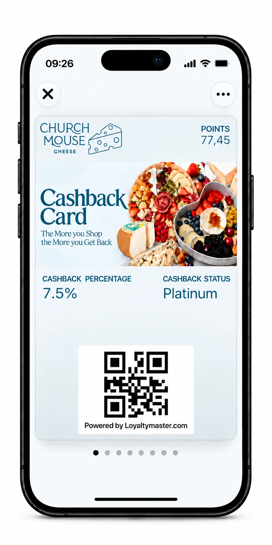 Church Mouse Cheese Cashback Card illustrated on an iPhone 16 Pro, showing 77.45 points, 7.5% cashback, Platinum status and a QR code.
