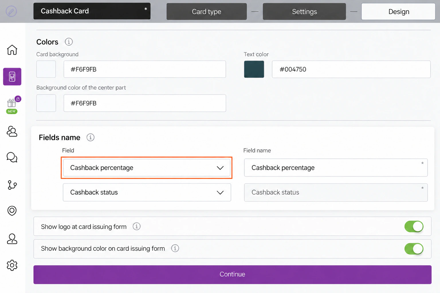 Design colors and the complete Fields name group, with Cashback percentage outlined and both signup appearance switches visible.