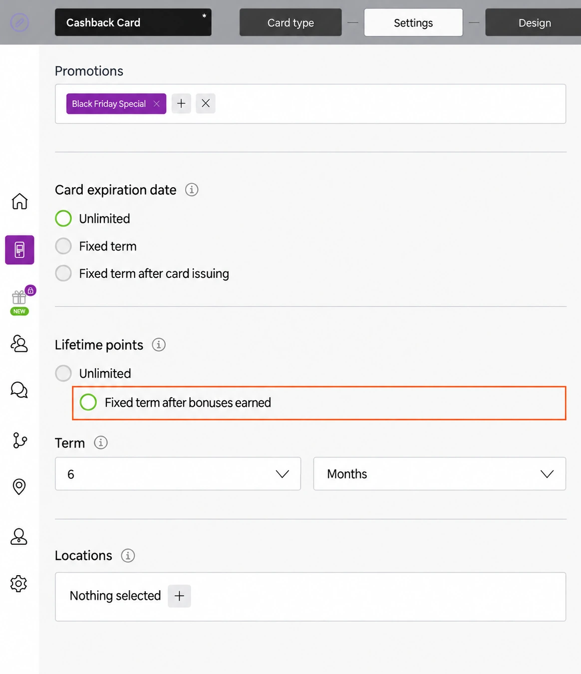 Settings with unlimited card validity and a six-month term after points are earned, with the points-expiry option outlined.