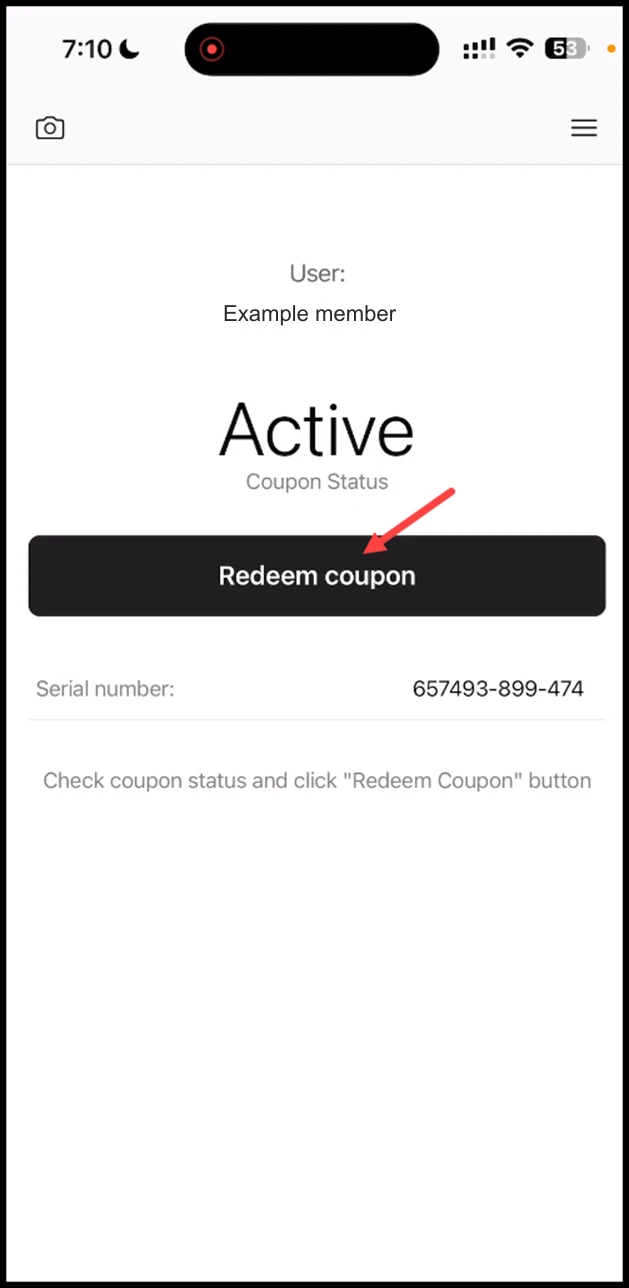 Scanner app -Coupon: Upon a successful scan, the card status is displayed. To redeem the coupon, click the Redeem Coupon button.