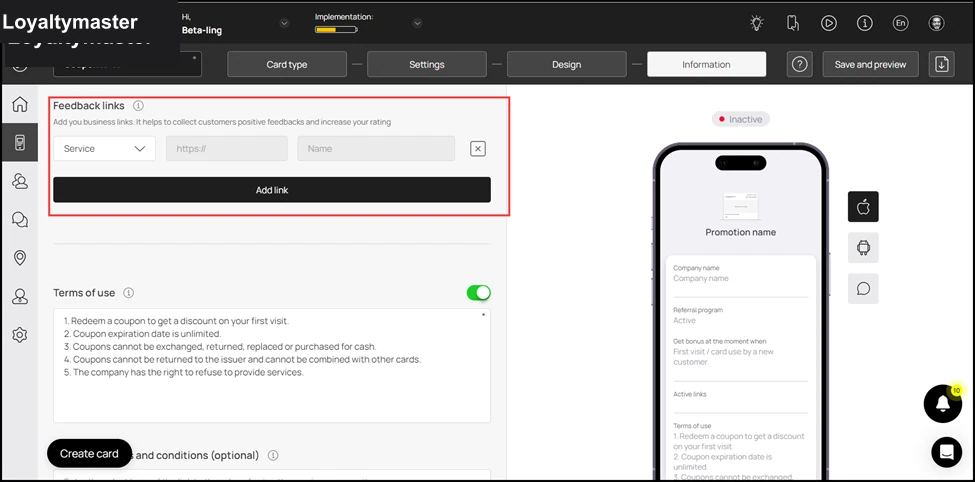 How to Create a Coupon Card: Similarly, select a service from the Service dropdown under Feedback links and provide the relevant URL in the field next to it in order to collect customer feedbacks on your servi