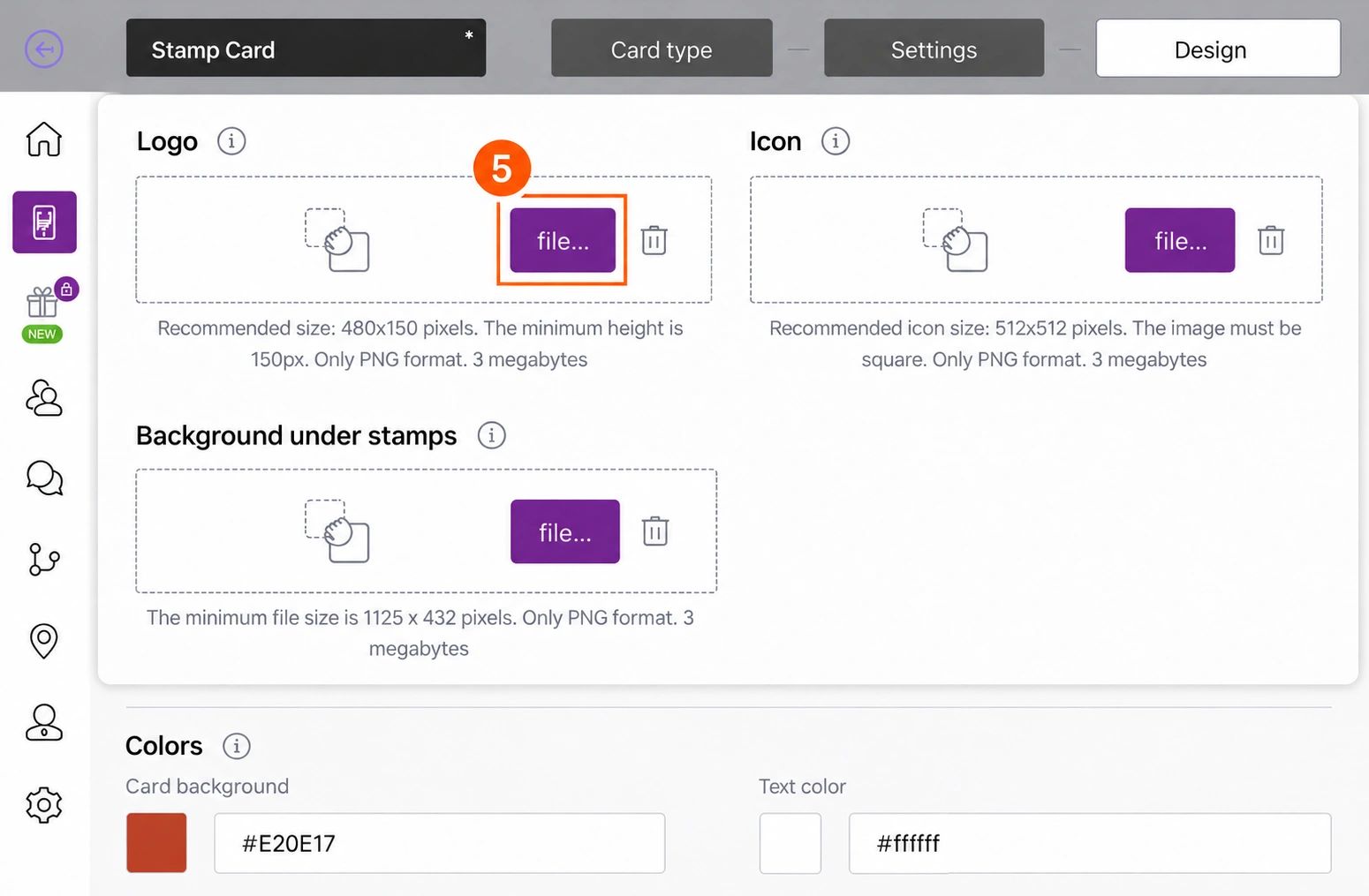 Stamp Design page with the complete brand-image upload group enlarged and the Logo file control highlighted with marker 5.