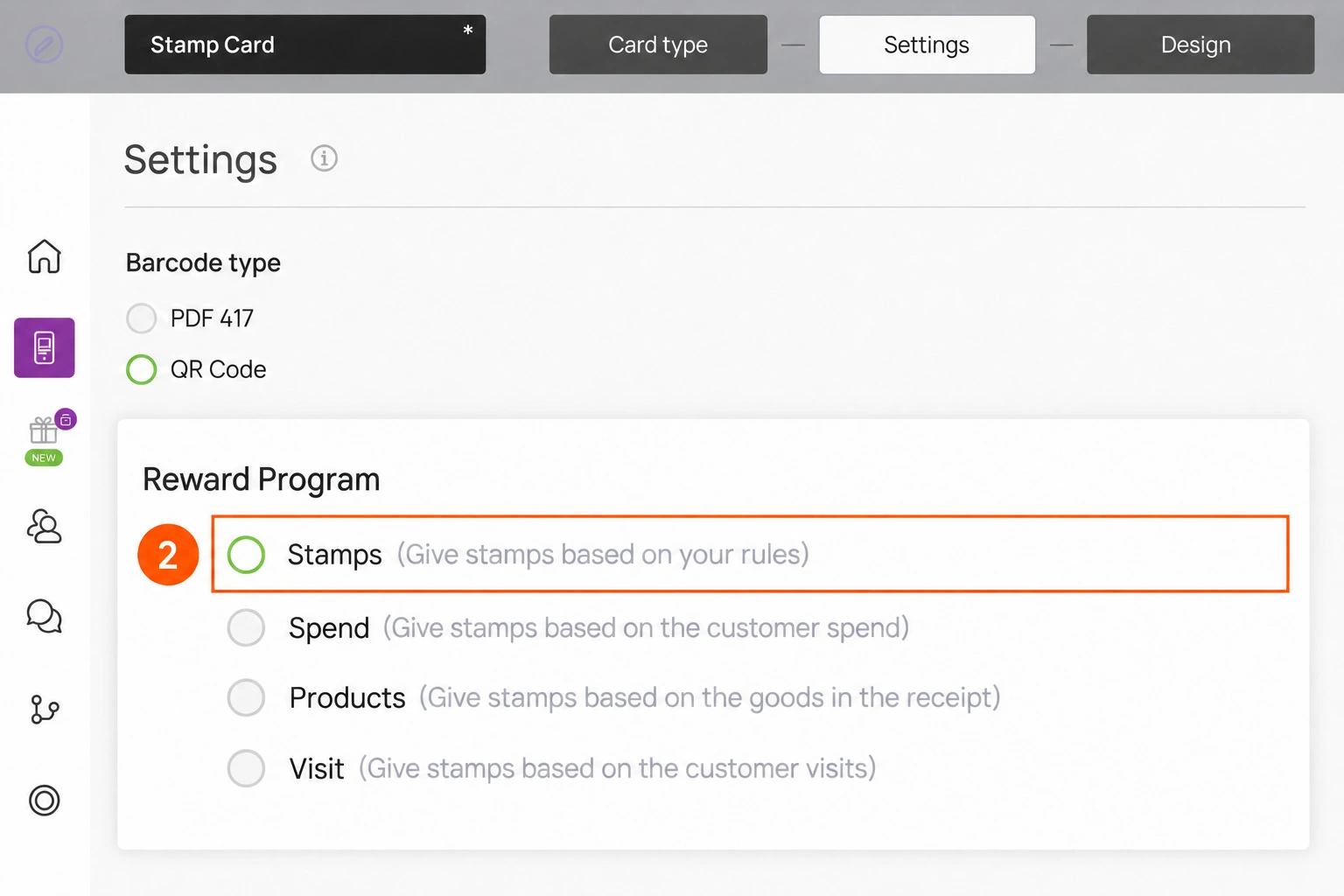 Stamp editor with Settings visible and the complete Reward Program group enlarged; Stamps highlighted with marker 2.