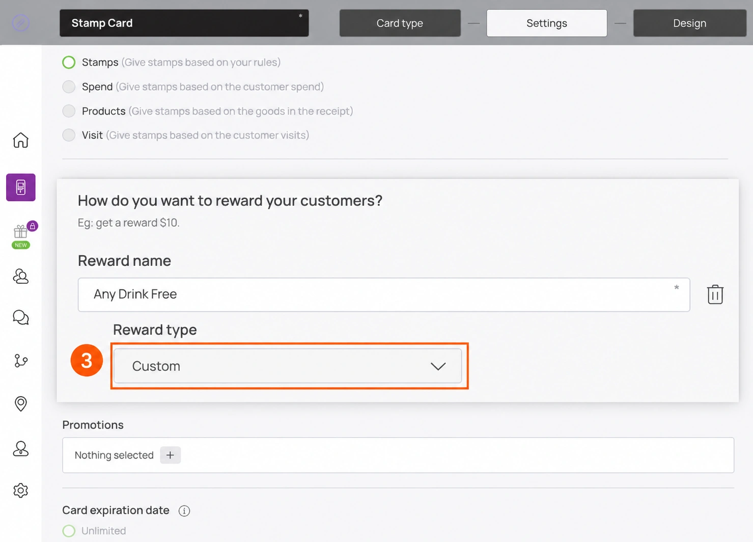 Stamp Settings with the reward section enlarged and the Custom reward-type control highlighted with marker 3.