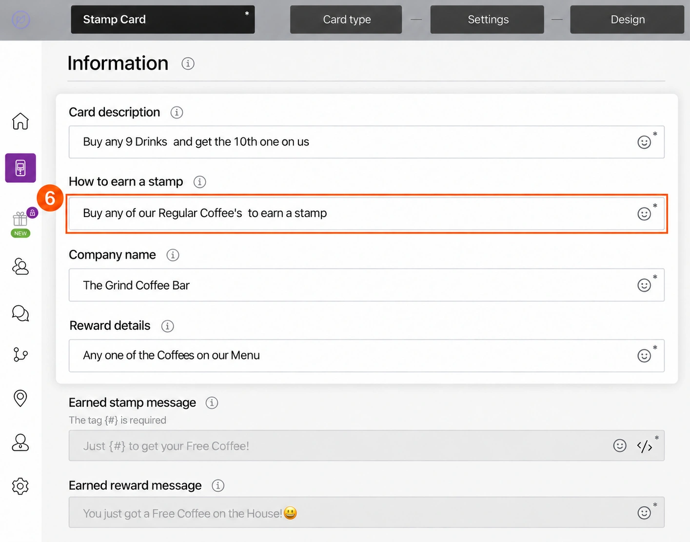 Stamp Information page with the customer-facing description group enlarged and How to earn a stamp highlighted with marker 6.