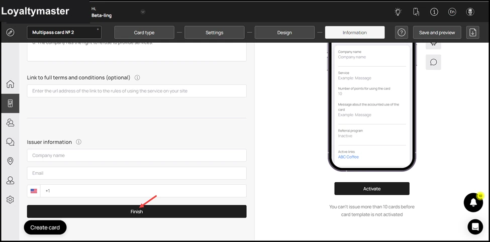 How to Create a Coupon Card: Once the details are recorded, click the Finish button.