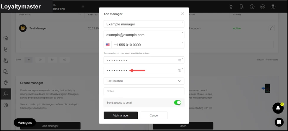 Manager Seats: For confirmation, re-enter the created password in the Repeat Password field.
