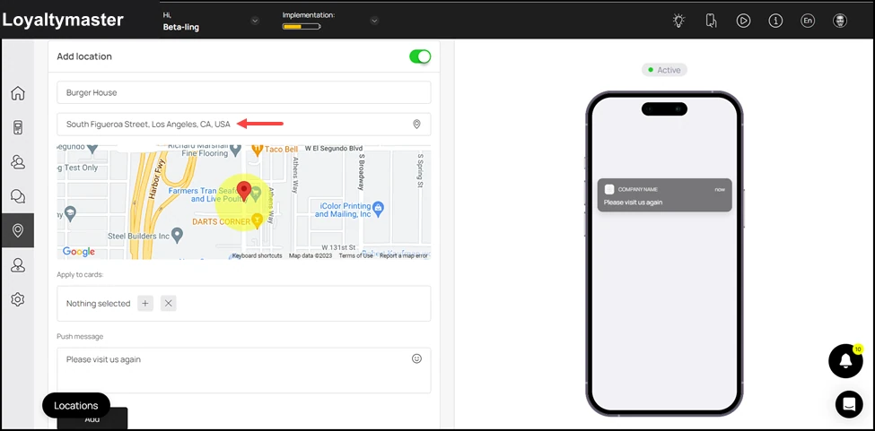Geolocations: Enter the address of the location in the Location Address field. As you type, the suggestions are auto-populated.
