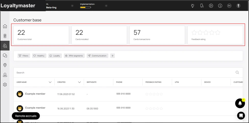 Customer Profile: The screen starts off with the Customer base heading under which 4 tiles are present to display meaningful information. They include a count of total customers, card transactions, 